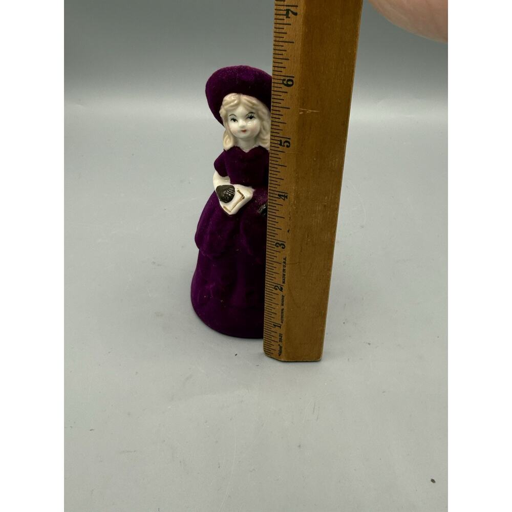 Vintage Purple Flocked Lady Bell Figurine Victorian Woman w Letter 4” - Picture 6 of 6